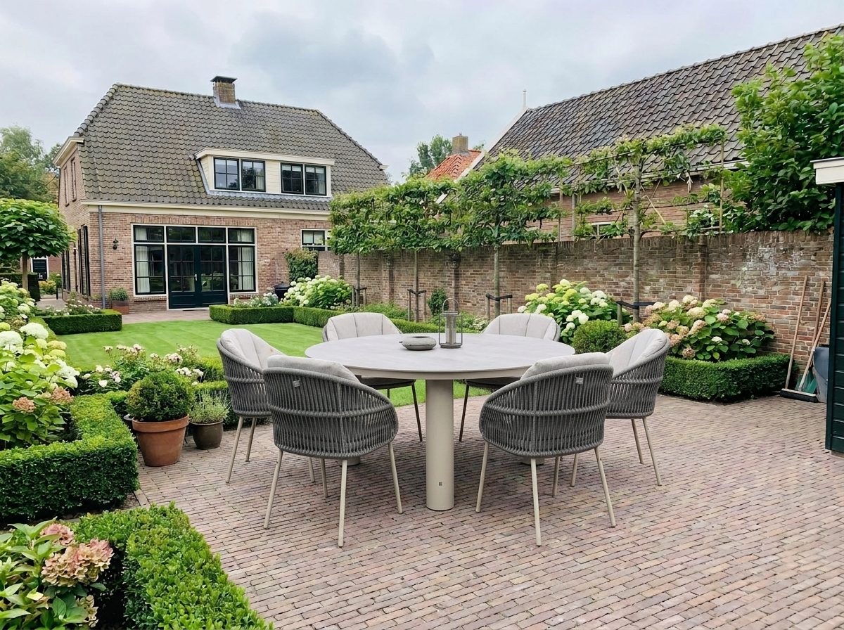 An empty garden photo compared with the same garden after Zieny AI placed a garden lounge set in it