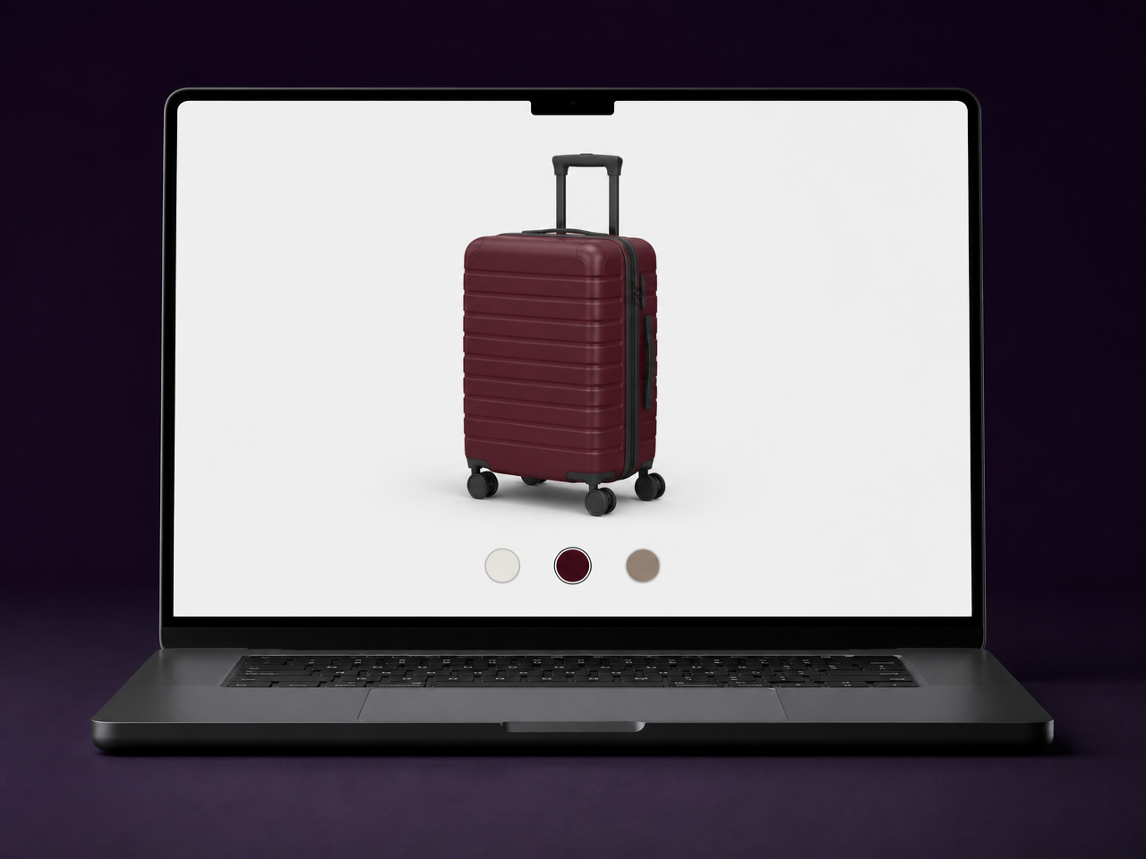 Interactive 3D product viewer showing a carry-on suitcase with colour swatches