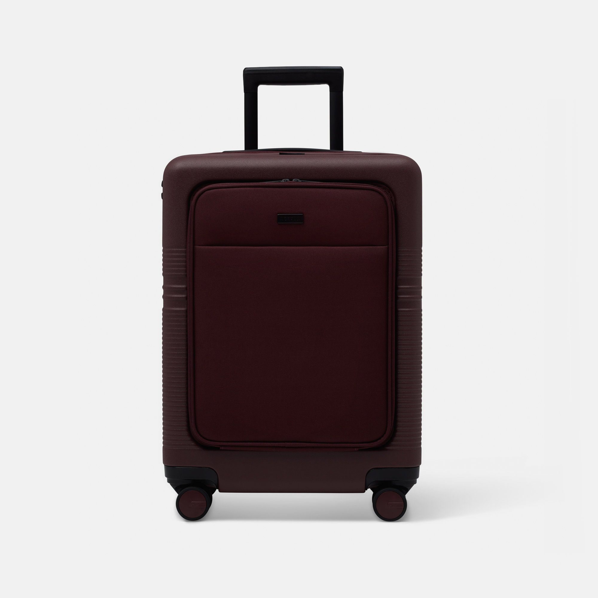 A burgundy carry-on suitcase rendered in Zieny's interactive 3D viewer