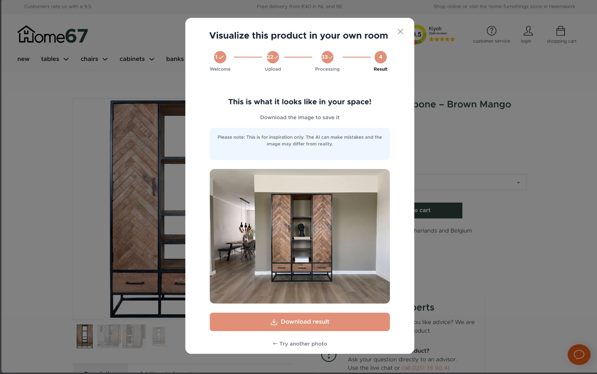Final AI render of the herringbone cabinet in the customer's own living room
