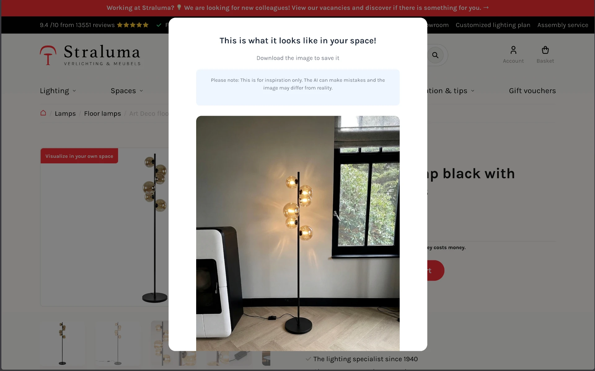 Final AI render of the floor lamp in the customer's own living room