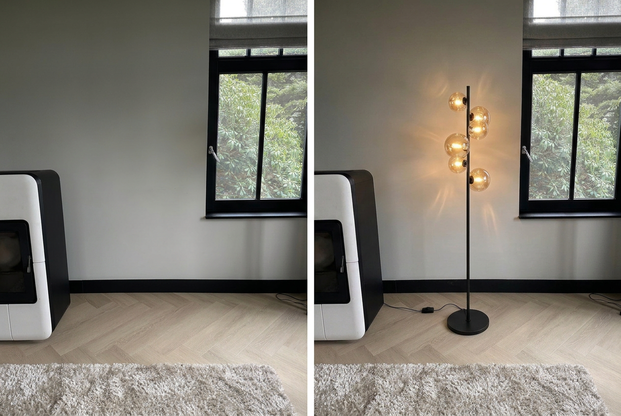 Before and after: an empty customer living room and the same room with an Art Deco floor lamp visualised by AI