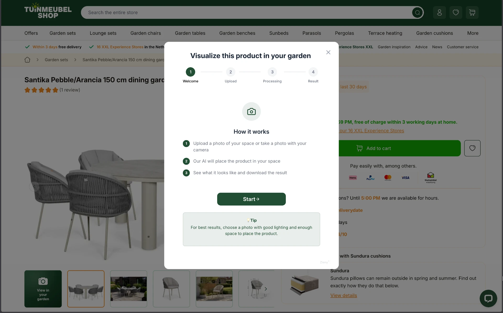 Zieny AI welcome step in Dutch explaining the three steps