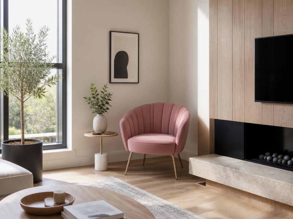 A pink shell chair placed realistically in a modern living room by Zieny AI