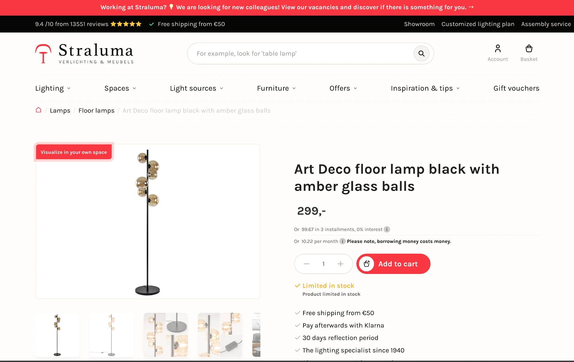 Straluma product page with a Visualize in your own space button on the product image
