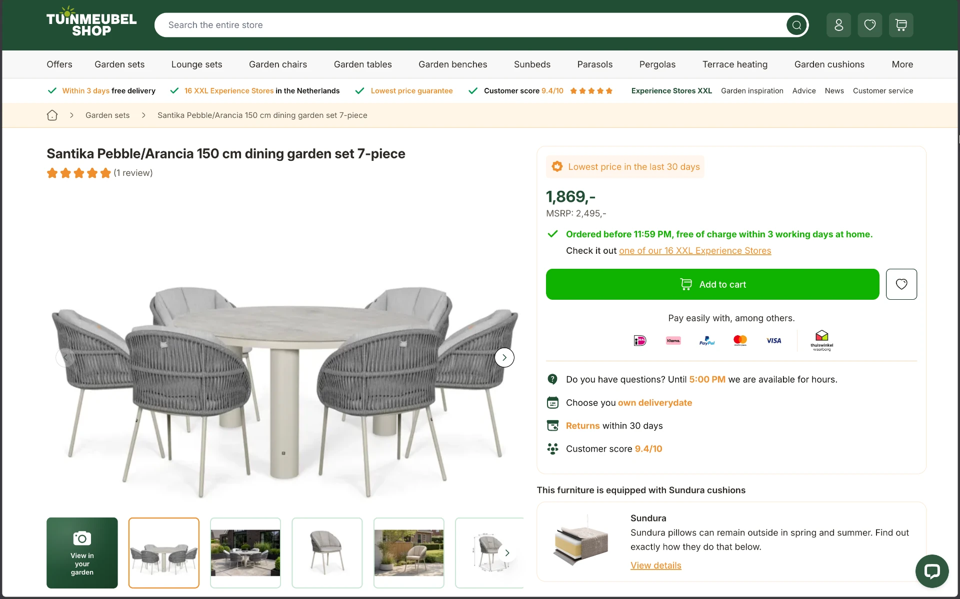 Tuinmeubelshop product page with a View in your garden tile in the gallery