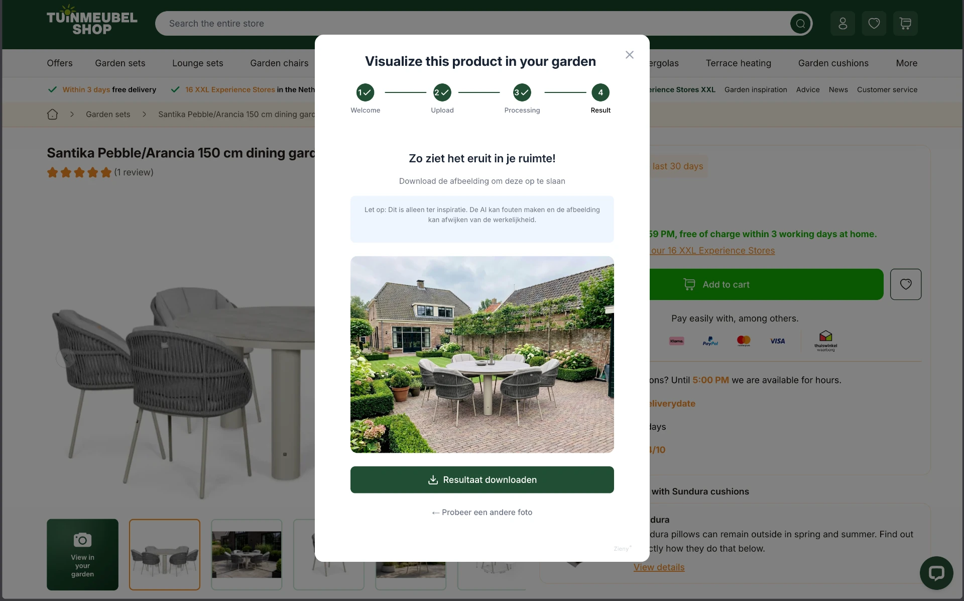 Final AI render of the garden dining set on the customer's own terrace