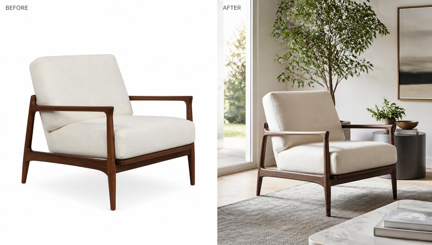 A chair visualised inside a customer's living room with Zieny AI