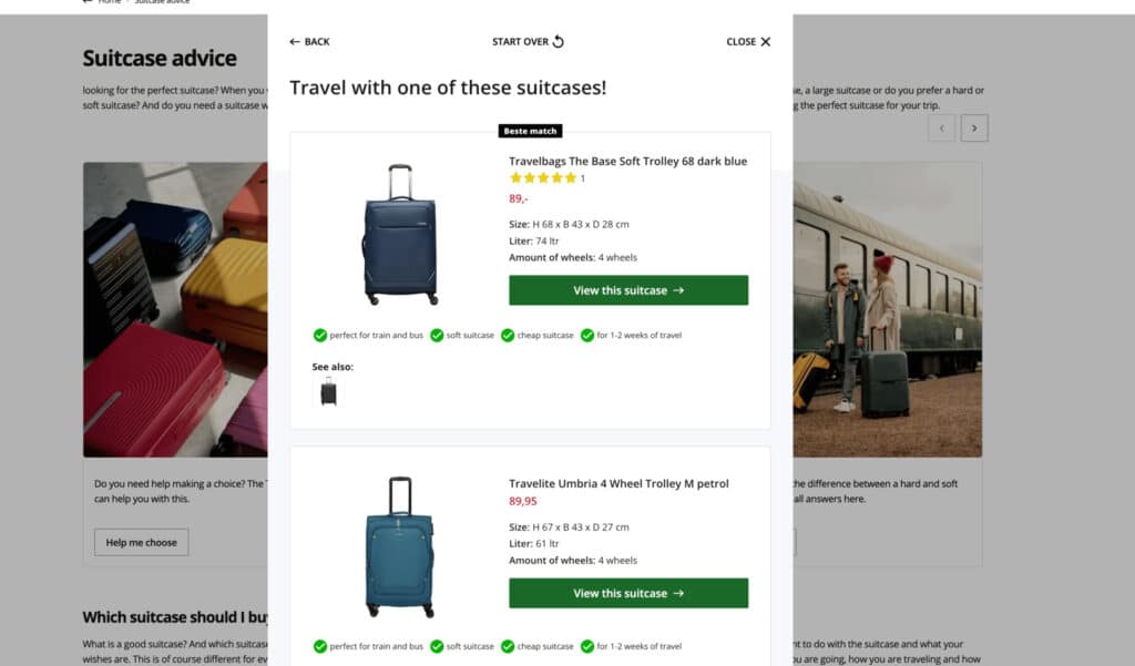 Guided selling tool on travel online store for choosing a suitcase